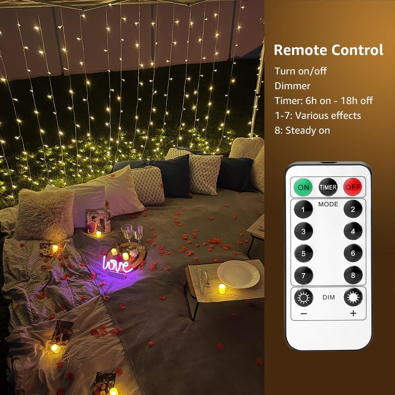 Lighting EVER أضواء الستائر الخيالية LE تعمل بالبطارية وتوصيل USB، 10 × 10 قدم أضواء خيط معلقة لجدار غرفة النوم، 300 مصباح LED داخلي خارجي متلألئ لحفلات الزفاف وخلفيات الخيام، الفناء، الجازبو - Image 3